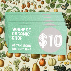 Save 10% when you buy 5 x $10 vouchers for the Waiheke Organic Shop